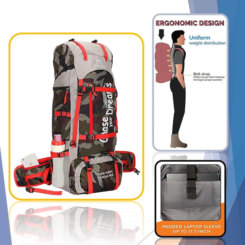 Hyper Adam حقيبة ظهر سعة 65 لتر للتنزه والسفر حقيبة ظهر للرياضات الخارجية المشي لمسافات طويلة حقيبة تخييم - Image 5