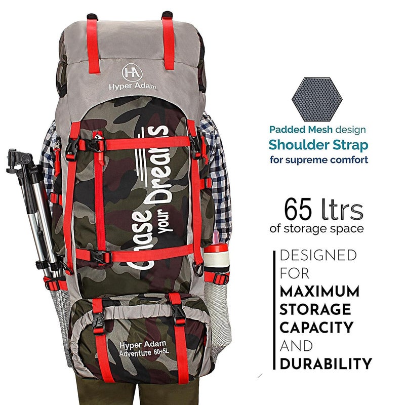 Hyper Adam حقيبة ظهر سعة 65 لتر للتنزه والسفر حقيبة ظهر للرياضات الخارجية المشي لمسافات طويلة حقيبة تخييم - Image 2