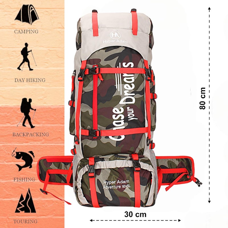 Hyper Adam حقيبة ظهر سعة 65 لتر للتنزه والسفر حقيبة ظهر للرياضات الخارجية المشي لمسافات طويلة حقيبة تخييم - Image 3