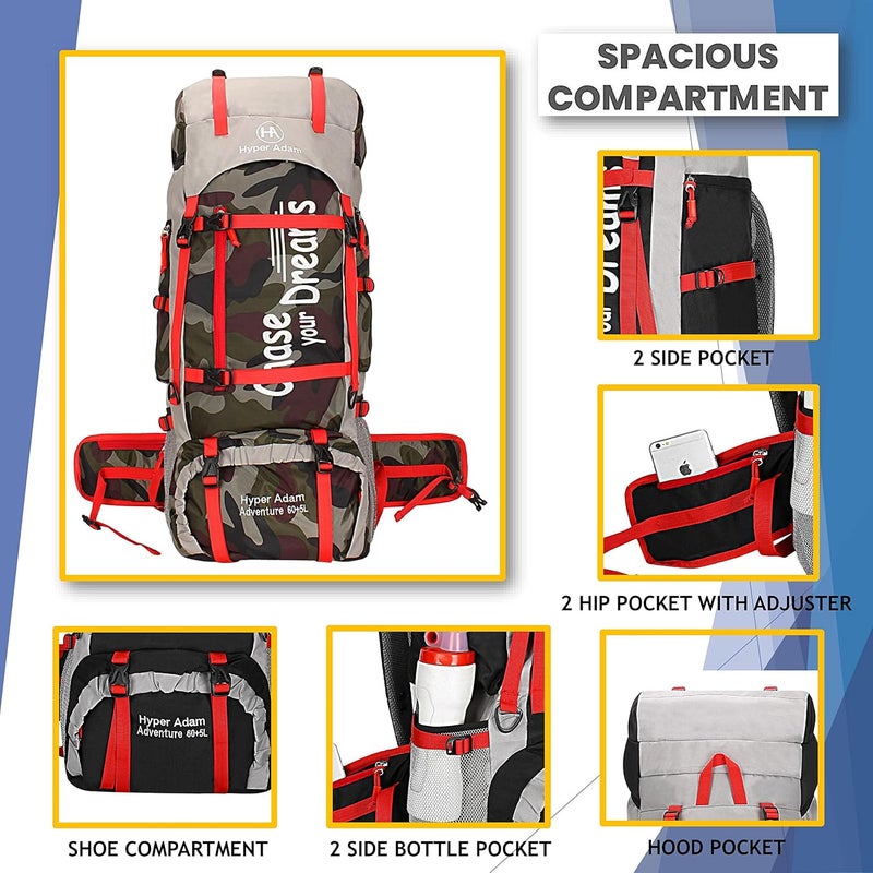 Hyper Adam حقيبة ظهر سعة 65 لتر للتنزه والسفر حقيبة ظهر للرياضات الخارجية المشي لمسافات طويلة حقيبة تخييم - Image 4
