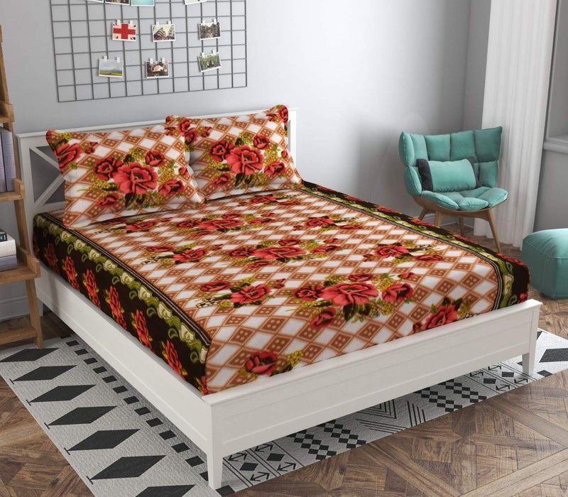 Temoli® Elastic Fitted Warm bedsheets King Size, King Size Warm bedsheets for Winter with Elastic and 2 Pillow Cover. (Flower-Brown) - Image 1