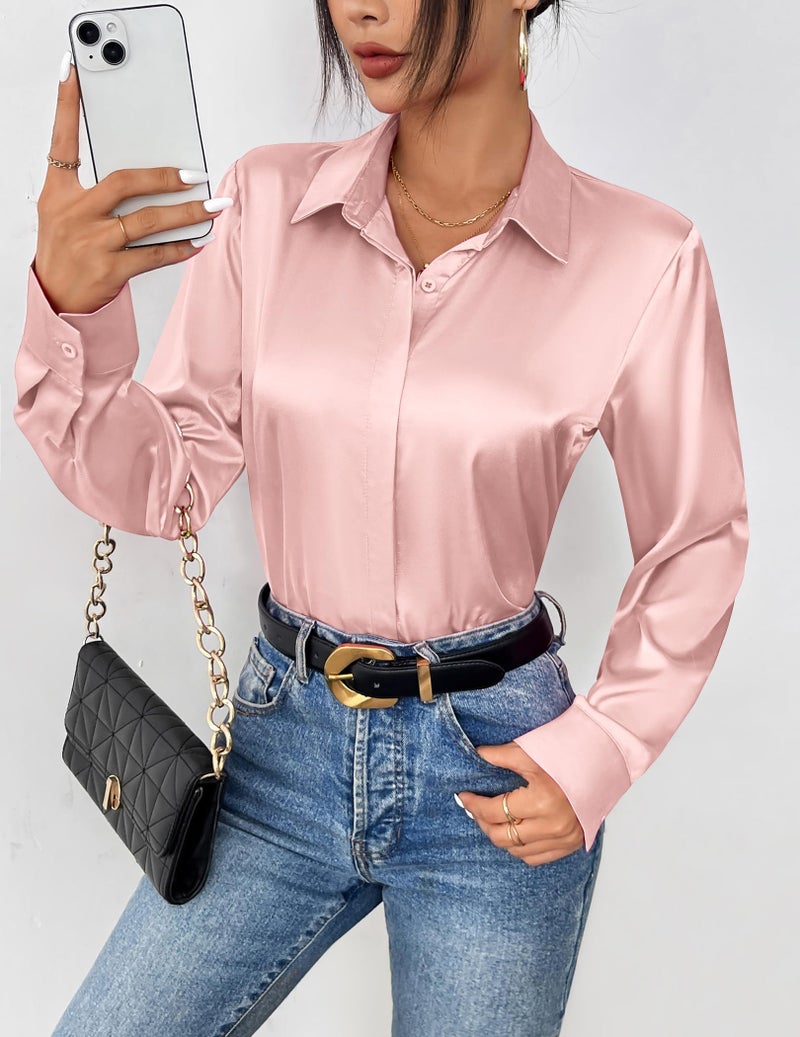 Zeagoo Satin Silk Blouse for Women Long Sleeve Button Down Shirt Fall Outfits 2026 Light Pink - Image 2