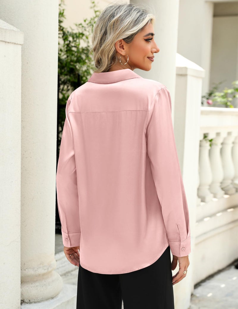 Zeagoo Satin Silk Blouse for Women Long Sleeve Button Down Shirt Fall Outfits 2026 Light Pink - Image 5