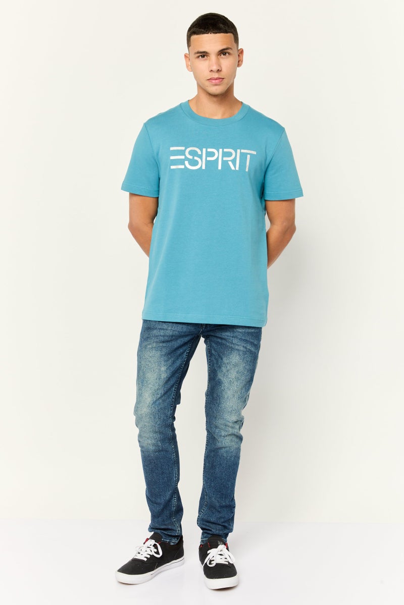 ESPRIT تي شيرت رجالي بأكمام قصيرة وياقة دائرية بشعار العلامة التجارية، أزرق مائل إلى الأخضر - Image 2