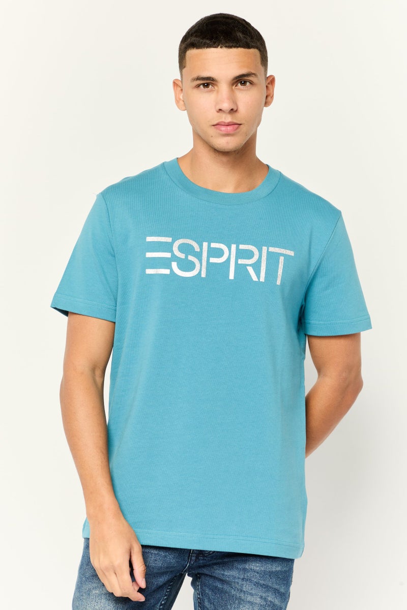 ESPRIT تي شيرت رجالي بأكمام قصيرة وياقة دائرية بشعار العلامة التجارية، أزرق مائل إلى الأخضر - Image 1