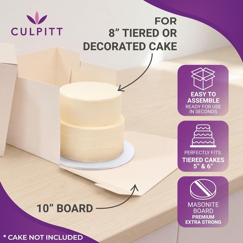 كالبيت مجموعة صندوق الكيك الطويل الكلاسيكي ولوح الكيك الأبيض من Culpitt | 10 بوصة | صندوق مربع 10 × 10 × 10 بوصة ولوح كيك ماسونايت فاخر مطابق، صندوق طويل إضافي لنقل الكيك متعدد الطبقات أو المزين - Image 4