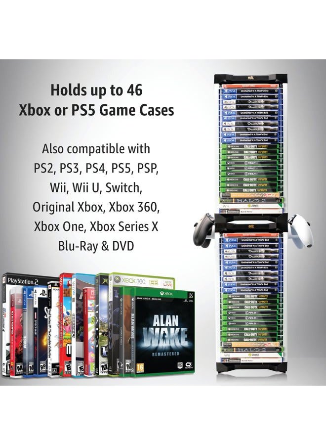 ADZ Universal Game Holder – 46 Game Storage Tower Rack for PS2 PS3 PS4 PS5 PSP Xbox 360 Xbox One Series X Wii Switch Games DVD and Blu-Ray Disks. Includes 2 Controller Mounts (White) - Image 2