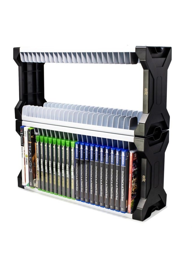 ADZ Universal Game Holder – 46 Game Storage Tower Rack for PS2 PS3 PS4 PS5 PSP Xbox 360 Xbox One Series X Wii Switch Games DVD and Blu-Ray Disks. Includes 2 Controller Mounts (White) - Image 1
