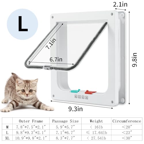 Mkobon Cat Door for Interior Exterior Door (Outer Size 9.8" x 9.3"), 4-Way Locking Flap for Cats & Dogs(Circumference < 23"), Weatherproof Pet Door, White, ABS Material (L) - Image 2