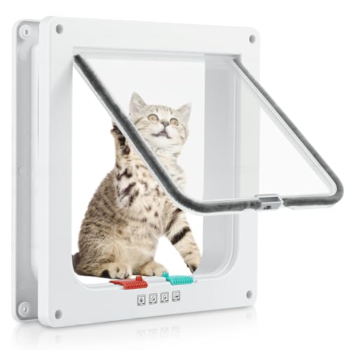 Mkobon Cat Door for Interior Exterior Door (Outer Size 9.8" x 9.3"), 4-Way Locking Flap for Cats & Dogs(Circumference < 23"), Weatherproof Pet Door, White, ABS Material (L) - Image 1