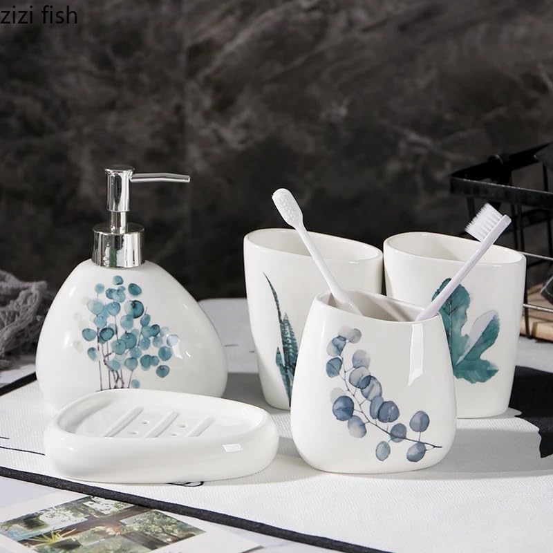 Soap Dispenser Set Green Plant Bathroom Accessories Set Soap Dispenser/Toothbrush Holder/Tumbler/Soap Dish Bathroom Products(5 Piece Set-B) - Image 3