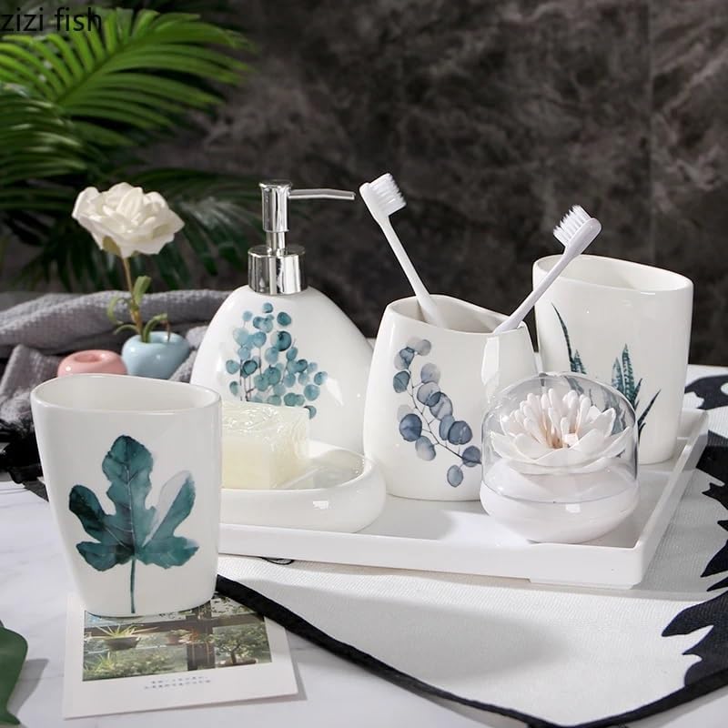 Soap Dispenser Set Green Plant Bathroom Accessories Set Soap Dispenser/Toothbrush Holder/Tumbler/Soap Dish Bathroom Products(5 Piece Set-B) - Image 2
