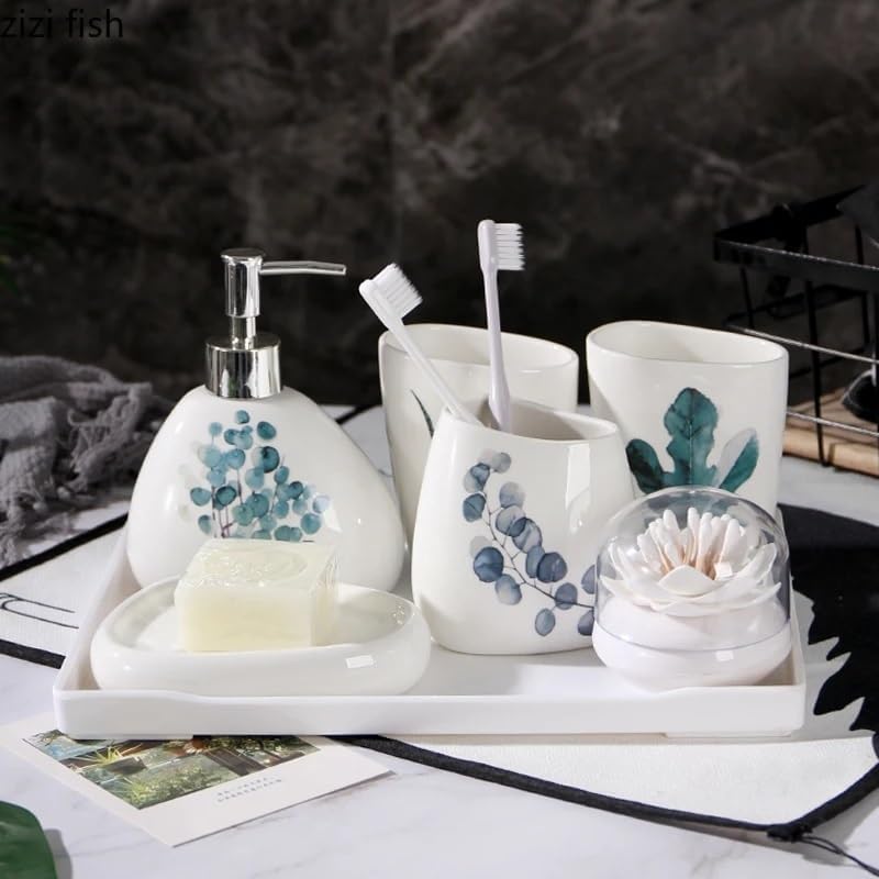 Soap Dispenser Set Green Plant Bathroom Accessories Set Soap Dispenser/Toothbrush Holder/Tumbler/Soap Dish Bathroom Products(5 Piece Set-B) - Image 4