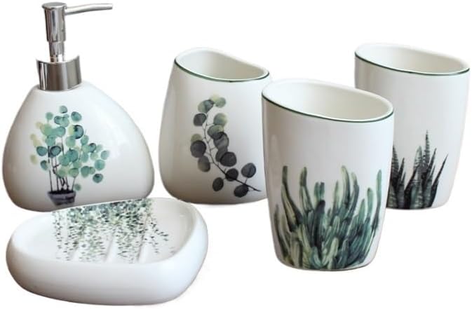 Soap Dispenser Set Green Plant Bathroom Accessories Set Soap Dispenser/Toothbrush Holder/Tumbler/Soap Dish Bathroom Products(5 Piece Set-B) - Image 1