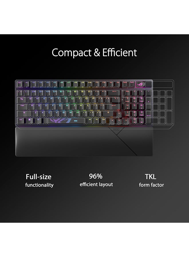أسوس ASUS X901 ROG Strix Scope II 96 Wireless: تصميم مدمج بنسبة 96%، ومفاتيح NXSW بدقة 36000 نقطة في البوصة، وأغطية مفاتيح PBT، وتقنية ROG SpeedNova اللاسلكية، ومعدل استقصاء 1000 هرتز، ورغوة تخميد الصوت - Image 2