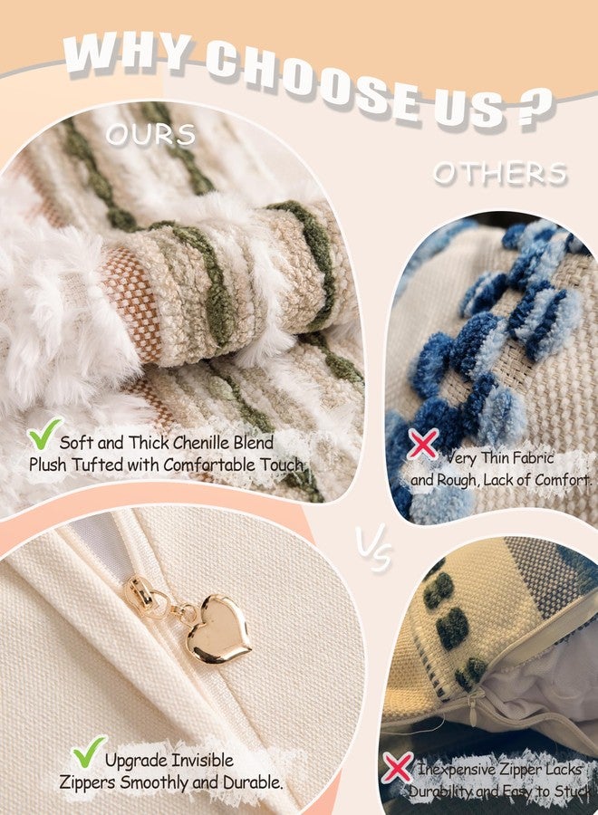 KOOLIFE Boho Chenille Tufted Couch Throw Pillow Covers 18x18 Inch Set of 2 Farmhouse Striped Decorative Pillow Covers Accent Neutral Square Pillowcase Green Cushion Covers for Livingroom Sofa Bed - Image 5