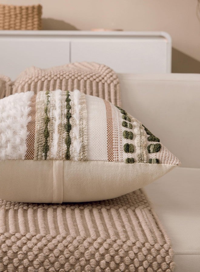 KOOLIFE Boho Chenille Tufted Couch Throw Pillow Covers 18x18 Inch Set of 2 Farmhouse Striped Decorative Pillow Covers Accent Neutral Square Pillowcase Green Cushion Covers for Livingroom Sofa Bed - Image 4