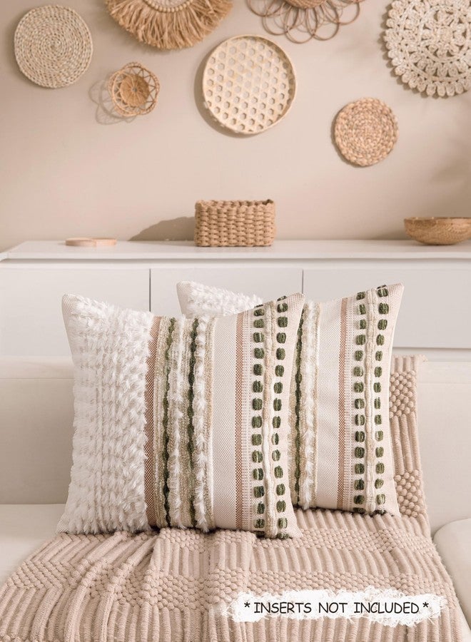 KOOLIFE Boho Chenille Tufted Couch Throw Pillow Covers 18x18 Inch Set of 2 Farmhouse Striped Decorative Pillow Covers Accent Neutral Square Pillowcase Green Cushion Covers for Livingroom Sofa Bed - Image 2