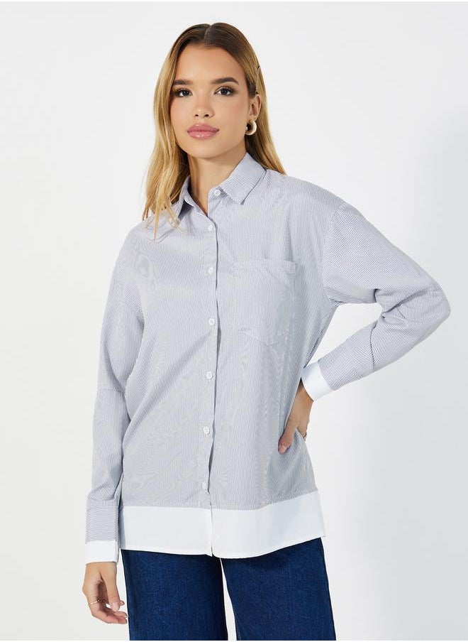 Styli Striped Collared Shirt with Contrast Detail at The Bottom  - Image 1