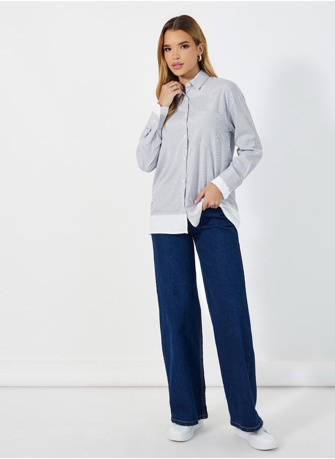Styli Striped Collared Shirt with Contrast Detail at The Bottom  - Image 2