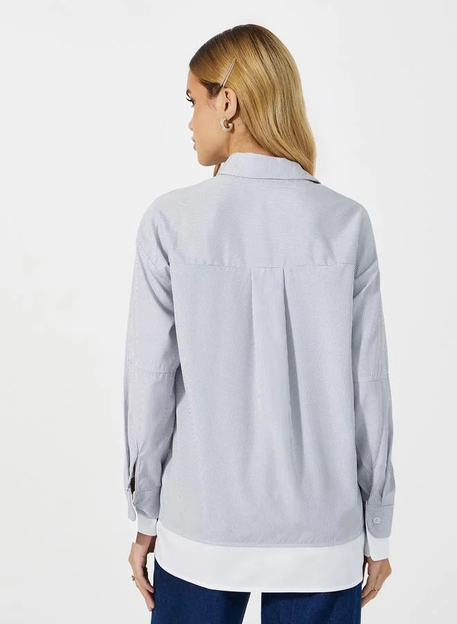Styli Striped Collared Shirt with Contrast Detail at The Bottom