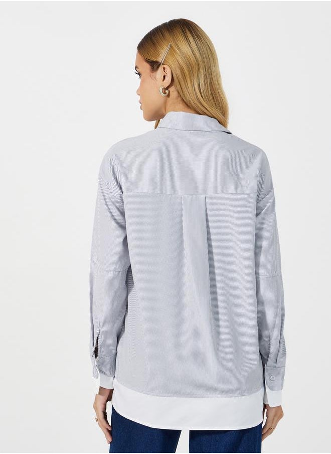 Styli Striped Collared Shirt with Contrast Detail at The Bottom  - Image 4