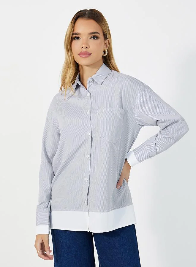 Styli Striped Collared Shirt with Contrast Detail at The Bottom