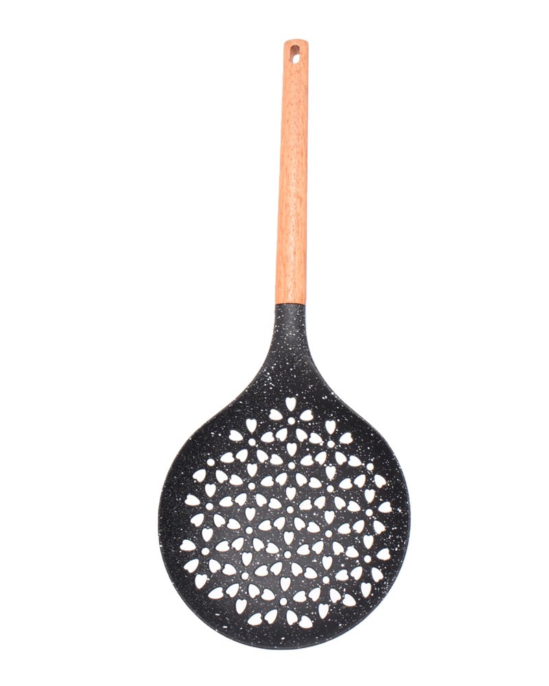 Decorative Skimmer Spoon with Wooden Handle, Black Marble Pattern, Heart-Shaped Perforations - Image 1