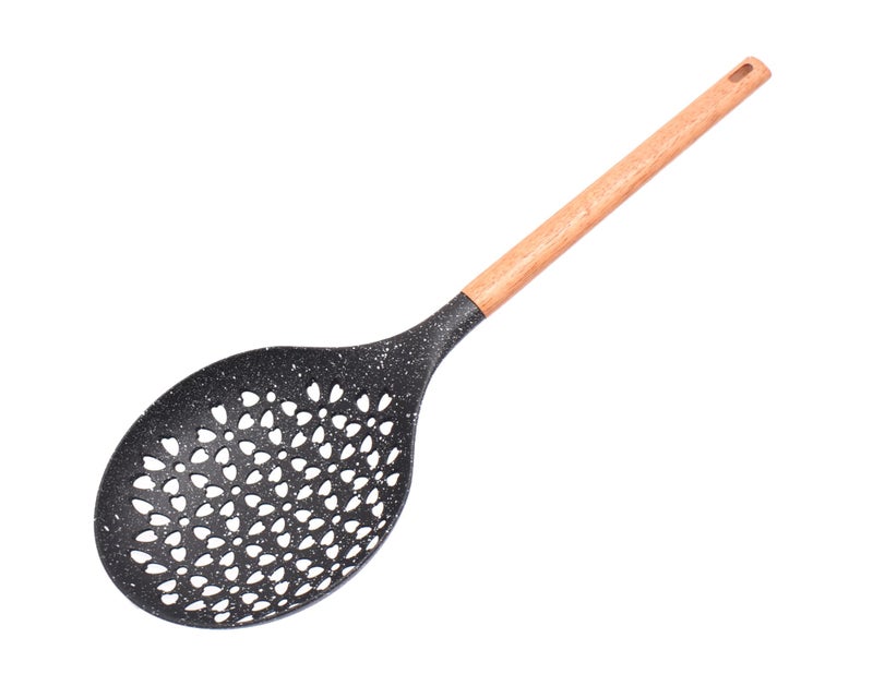 Decorative Skimmer Spoon with Wooden Handle, Black Marble Pattern, Heart-Shaped Perforations - Image 2