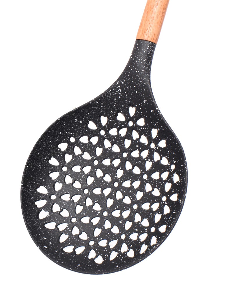 Decorative Skimmer Spoon with Wooden Handle, Black Marble Pattern, Heart-Shaped Perforations - Image 3