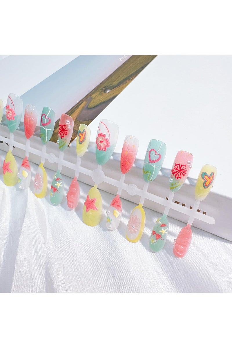 30pcs Summer Press on Nails Medium Almond Fake Nails with 3D Flower Starfish Designs Summer Beach False Nails Pearl Glue on Nails Handmade Full Cover Acrylic Nails Stick on Nails for Women  30pcs Summer Press on Nails Medium Almond Fake Nails with 3D Flower Starfish Designs Summer Beach False Nails Pearl Glue on Nails Handmade Full Cover Acrylic Nails Stick on Nails for Women  30pcs الصيف الصحافة على الأظافر متوسطة اللوز الأظافر الزائفة مع 3D زهرة نجوم البحر تصاميم الصيف الشاطئ الأظافر الزائفة اللؤلؤ الغراء على الأظافر مصنوعة يدويا غطاء كامل الأظافر الأكريليك عصا على الأظافر للمرأة - Image 2