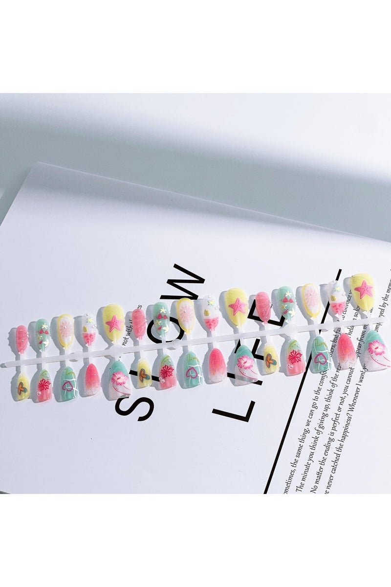 30pcs Summer Press on Nails Medium Almond Fake Nails with 3D Flower Starfish Designs Summer Beach False Nails Pearl Glue on Nails Handmade Full Cover Acrylic Nails Stick on Nails for Women  30pcs Summer Press on Nails Medium Almond Fake Nails with 3D Flower Starfish Designs Summer Beach False Nails Pearl Glue on Nails Handmade Full Cover Acrylic Nails Stick on Nails for Women  30pcs الصيف الصحافة على الأظافر متوسطة اللوز الأظافر الزائفة مع 3D زهرة نجوم البحر تصاميم الصيف الشاطئ الأظافر الزائفة اللؤلؤ الغراء على الأظافر مصنوعة يدويا غطاء كامل الأظافر الأكريليك عصا على الأظافر للمرأة - Image 5