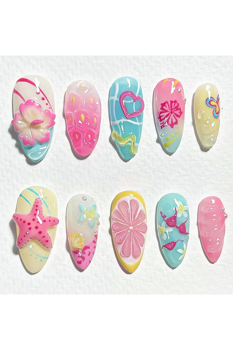 30pcs Summer Press on Nails Medium Almond Fake Nails with 3D Flower Starfish Designs Summer Beach False Nails Pearl Glue on Nails Handmade Full Cover Acrylic Nails Stick on Nails for Women  30pcs Summer Press on Nails Medium Almond Fake Nails with 3D Flower Starfish Designs Summer Beach False Nails Pearl Glue on Nails Handmade Full Cover Acrylic Nails Stick on Nails for Women  30pcs الصيف الصحافة على الأظافر متوسطة اللوز الأظافر الزائفة مع 3D زهرة نجوم البحر تصاميم الصيف الشاطئ الأظافر الزائفة اللؤلؤ الغراء على الأظافر مصنوعة يدويا غطاء كامل الأظافر الأكريليك عصا على الأظافر للمرأة - Image 1