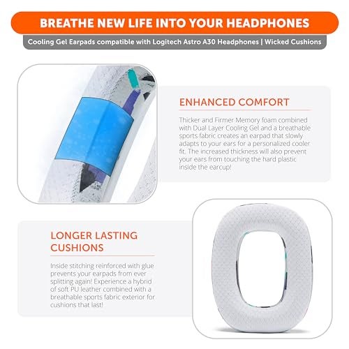 WC فريز A30 - وسائد أذن جل تبريد متوافقة مع سماعات Logitech Astro A30 من Wicked Cushions - رفع مستوى الراحة، المتانة، السماكة وعزل الصوت لجلسات الألعاب الملحمية | أبيض 90's - Image 4