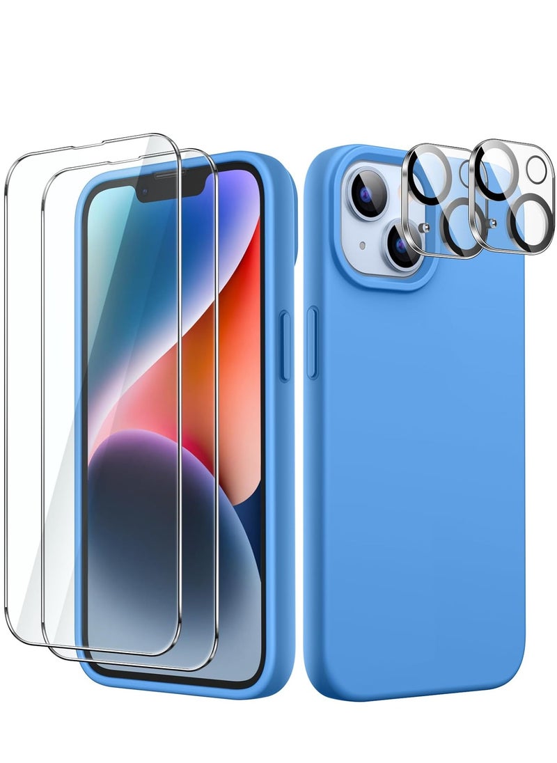5 in 1 Silicone Case for iPhone 14 6.1-Inch, with 2-Pack Screen Protector and 2-Pack Camera Lens Protector, Full Coverage Tempered Glass Film, Shockproof Phone Cover (Blue)