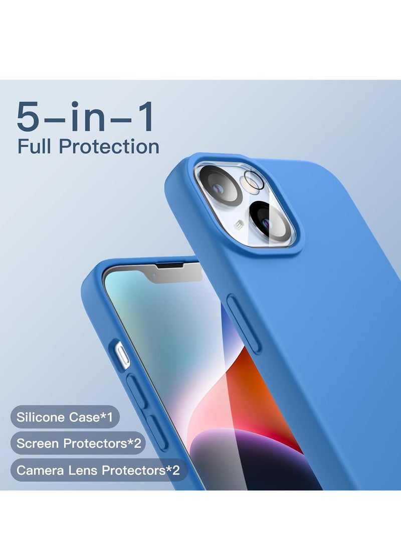 5 in 1 Silicone Case for iPhone 14 6.1-Inch, with 2-Pack Screen Protector and 2-Pack Camera Lens Protector, Full Coverage Tempered Glass Film, Shockproof Phone Cover (Blue)