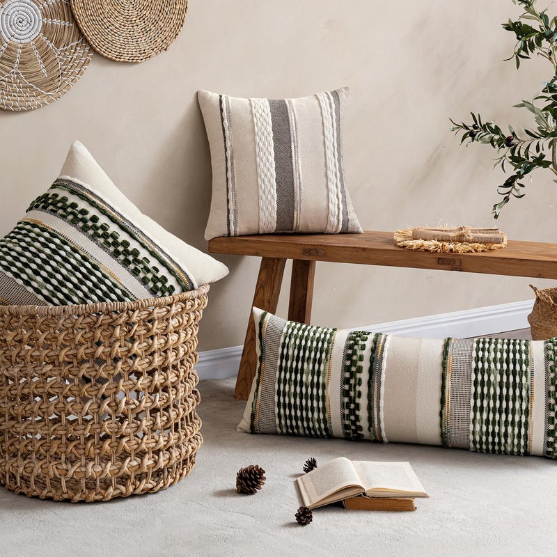 ANRODUO Pack of 1 Boho Decorative Throw Pillow Covers 14x36 Farmhouse Cushion Case Long Chenille Pillow Cases Lumbar Pillow Covers Accent Neutral Pillowcase for Sofa Couch Bed, Olive Green Stripe - Image 3