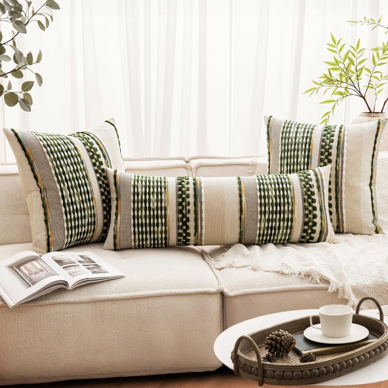 ANRODUO Pack of 1 Boho Decorative Throw Pillow Covers 14x36 Farmhouse Cushion Case Long Chenille Pillow Cases Lumbar Pillow Covers Accent Neutral Pillowcase for Sofa Couch Bed, Olive Green Stripe - Image 2