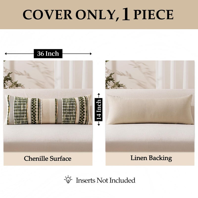 ANRODUO Pack of 1 Boho Decorative Throw Pillow Covers 14x36 Farmhouse Cushion Case Long Chenille Pillow Cases Lumbar Pillow Covers Accent Neutral Pillowcase for Sofa Couch Bed, Olive Green Stripe - Image 4