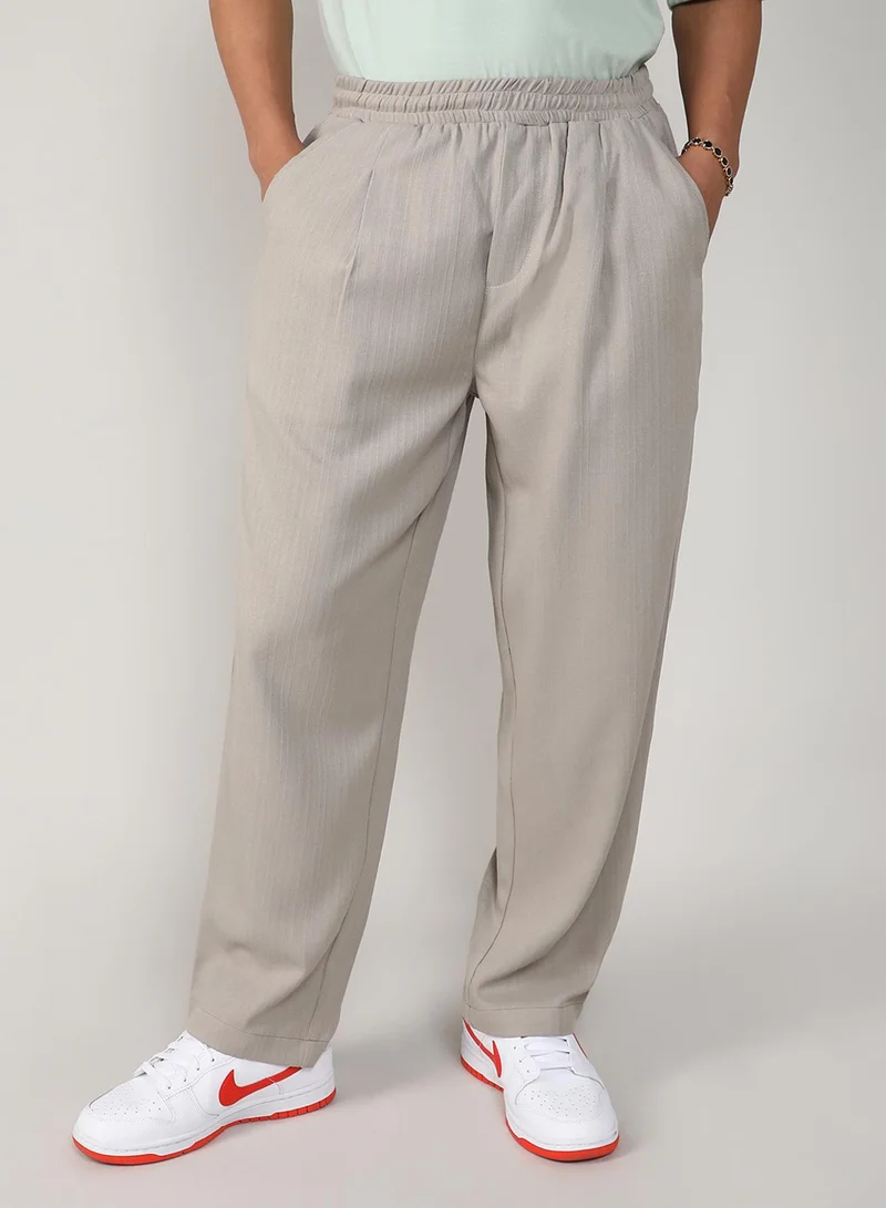 Campus Sutra Campus Sutra Men's Lightweight Linen-Blend Tailored Trousers | Elastic Waist | Regular Fit | Everyday Wear