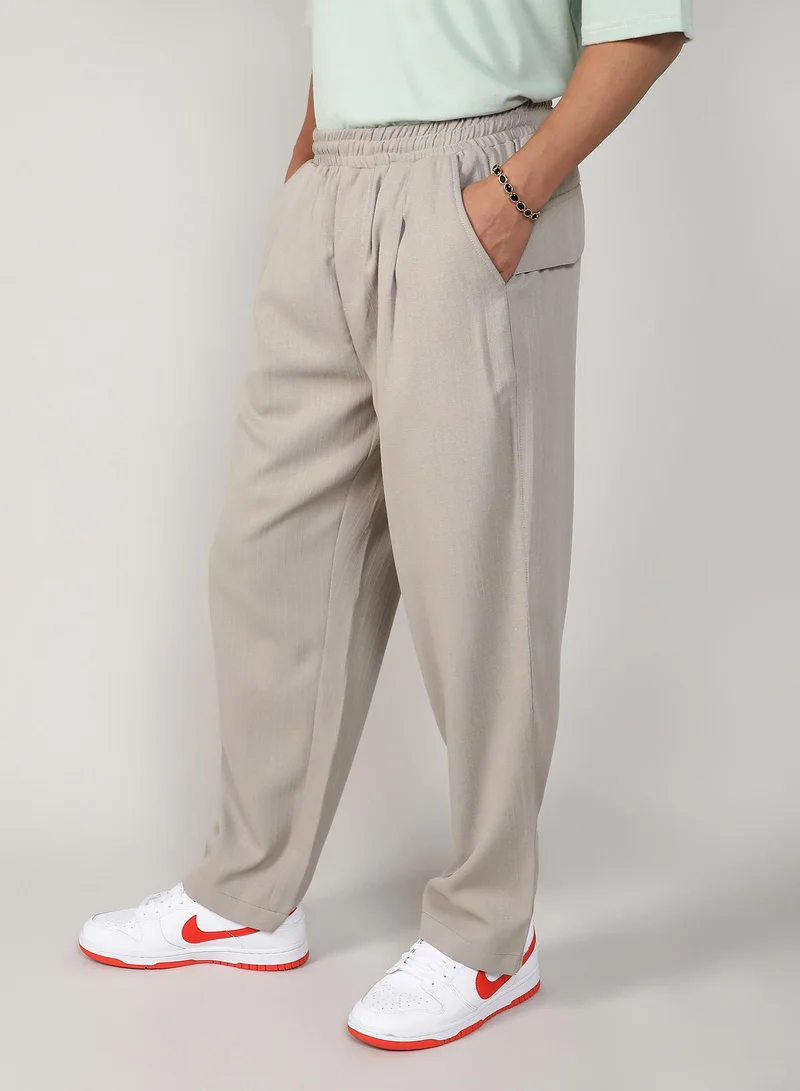 Campus Sutra Men's Greige Tailored Linen-Blend Trousers