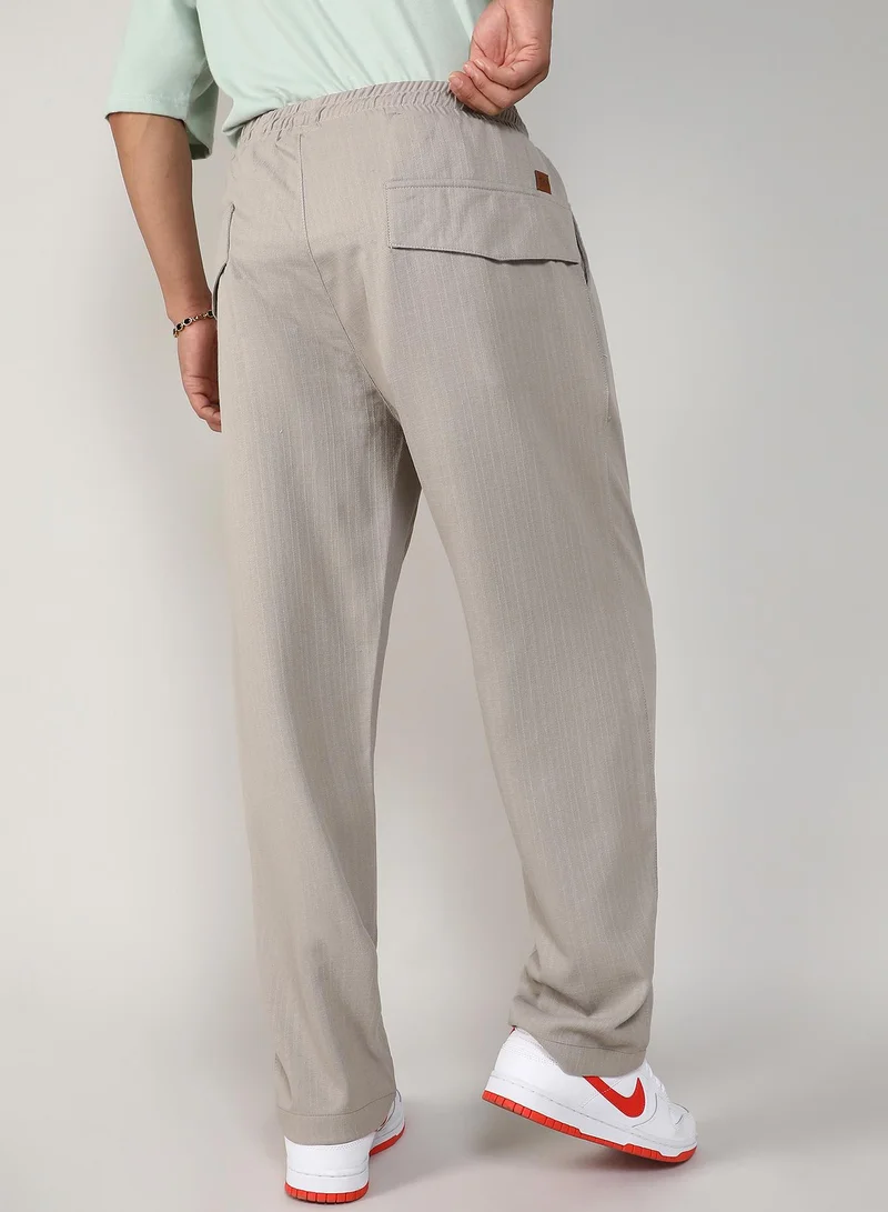 Campus Sutra Men's Greige Tailored Linen-Blend Trousers