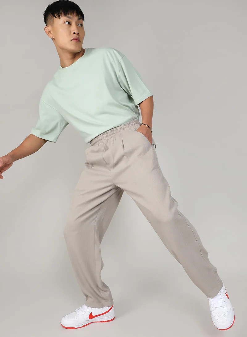 Campus Sutra Men's Greige Tailored Linen-Blend Trousers