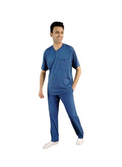 Men Summer Pajama Set Printed Top & Plain Bottom - Blue
