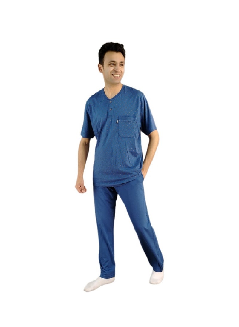 Jet - Men Summer Pajama Set Printed Top & Plain Bottom - Blue - Image 1