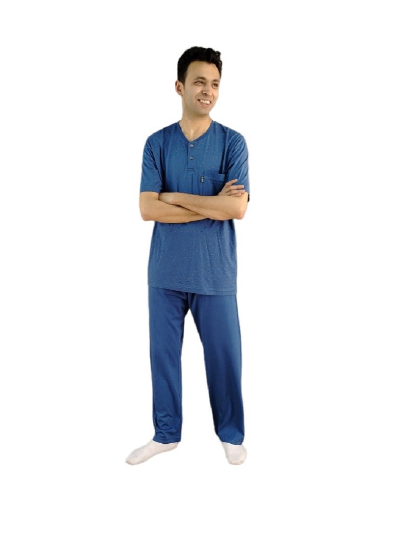 Jet - Men Summer Pajama Set Printed Top & Plain Bottom - Blue - Image 1