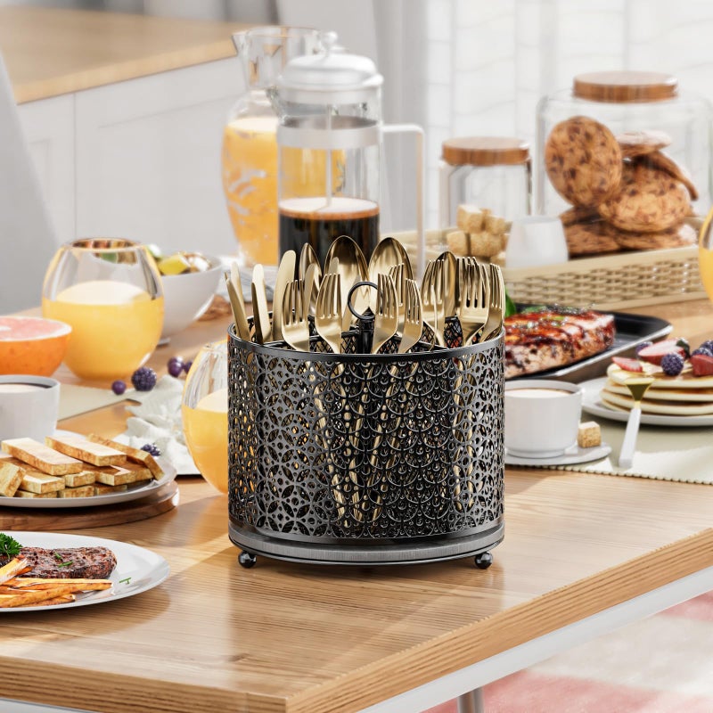 OVICAR 360Â° Rotating Utensil Holder Caddy - Fast-Drying Silverware Flatware Organizer - 4 Compartment Large Cutlery Holder with Handle For Kitchen Countertop Party Office Picnic Table Black - Image 4