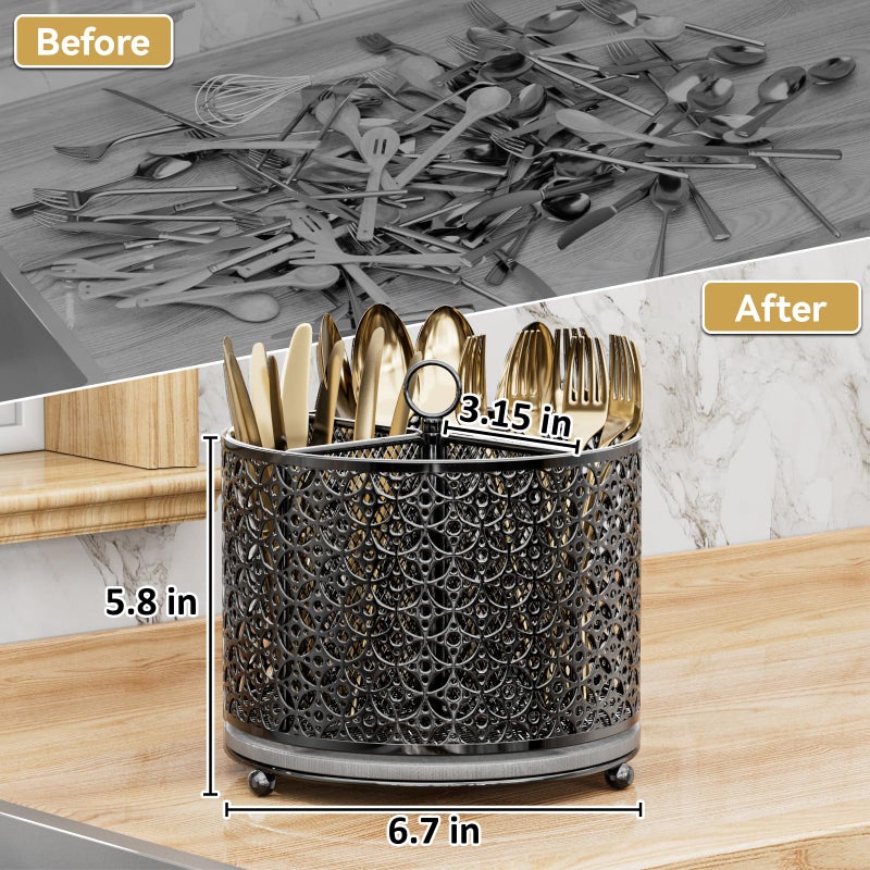 OVICAR 360Â° Rotating Utensil Holder Caddy - Fast-Drying Silverware Flatware Organizer - 4 Compartment Large Cutlery Holder with Handle For Kitchen Countertop Party Office Picnic Table Black - Image 5