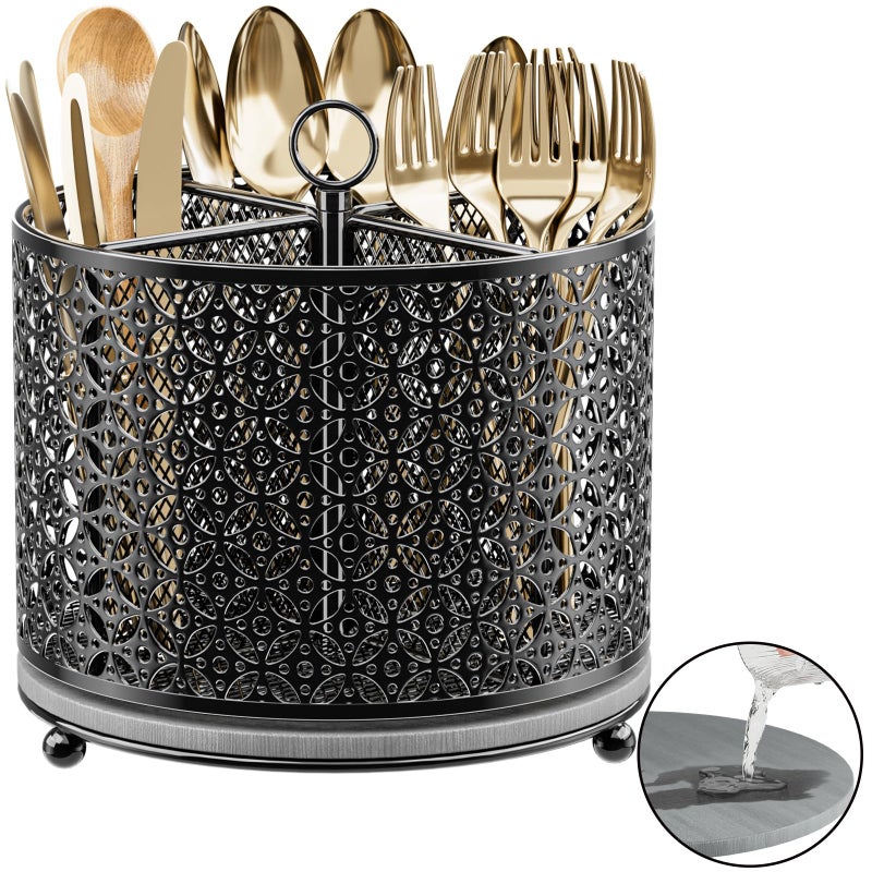 OVICAR 360Â° Rotating Utensil Holder Caddy - Fast-Drying Silverware Flatware Organizer - 4 Compartment Large Cutlery Holder with Handle For Kitchen Countertop Party Office Picnic Table Black - Image 1