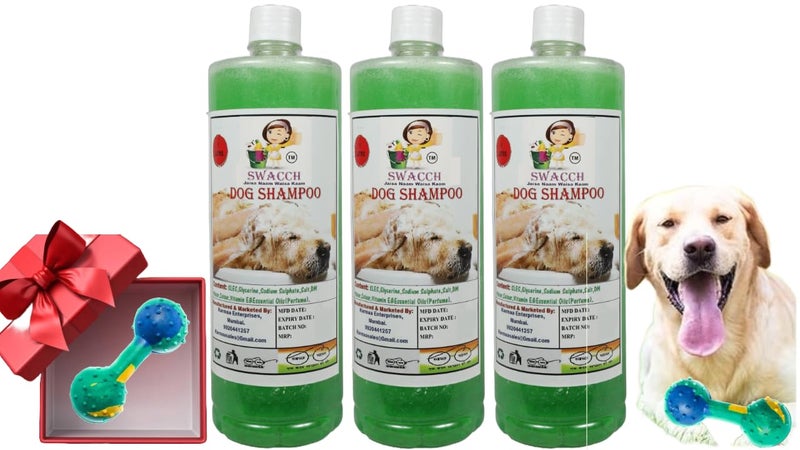 swacch Dog Shampoo + Dumbbell Toy I Durable Rubber Dog Toy for Chewing I Playing,Teeth Cleaning & Training Toy I Combo Pack I 1 Litre Pack of 3 Neem Alovera - Image 1